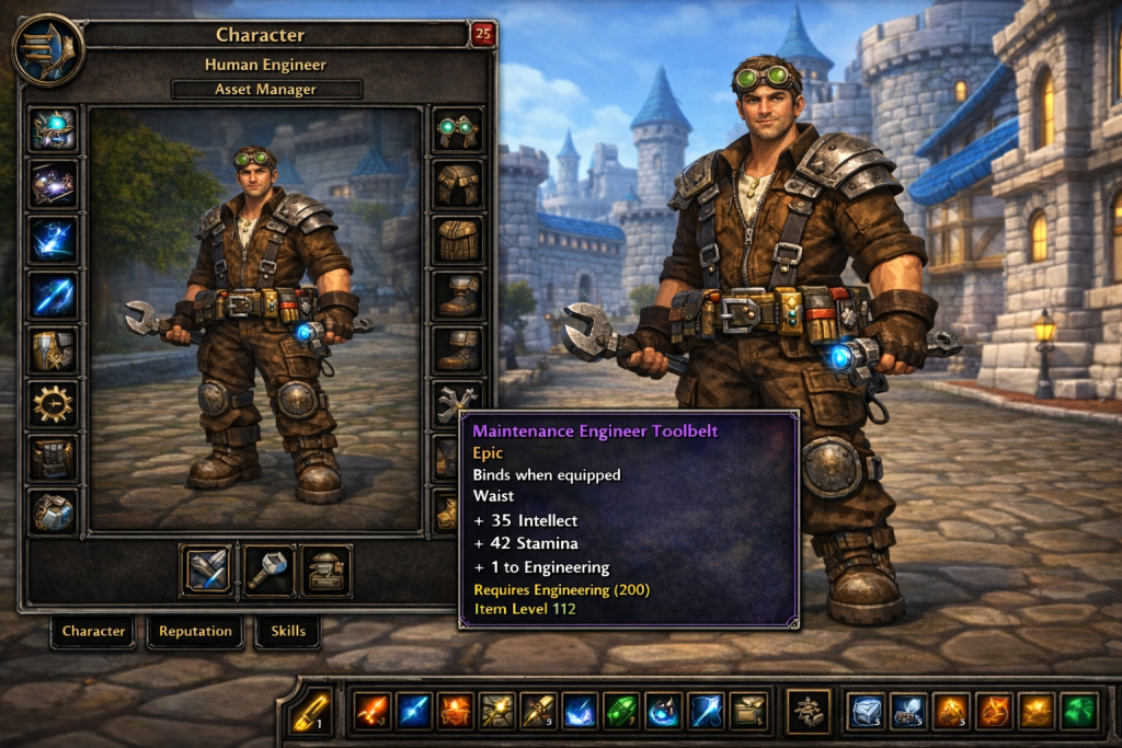 World of Warcraft character screen showing an engineer with gear, stats, and equipment upgrades, illustrating performance optimization and asset management decision-making.